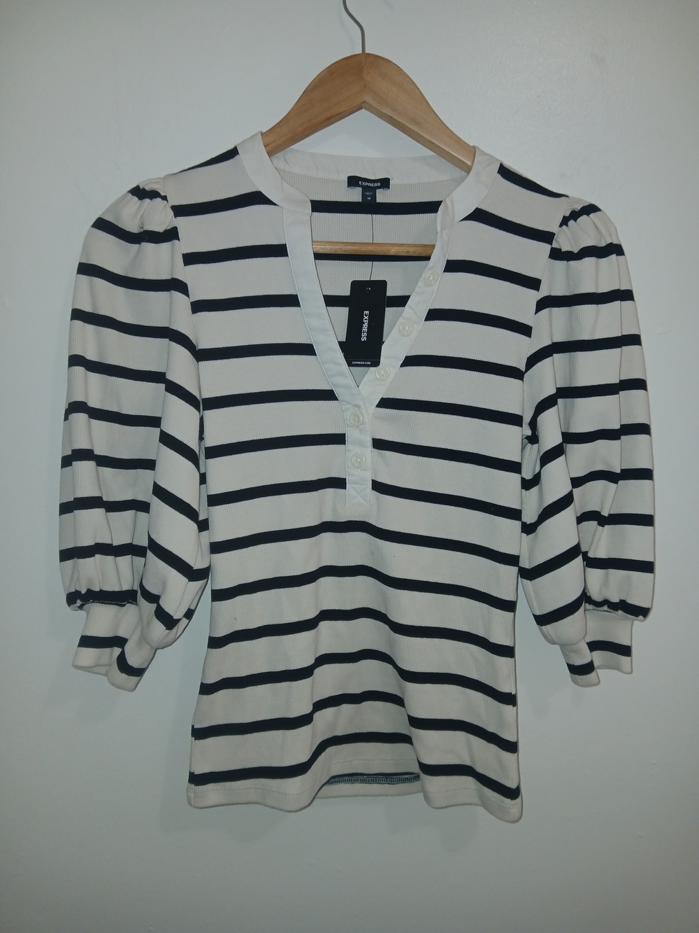 Express Black & White Striped Puff Sleeve Henley Size XS New